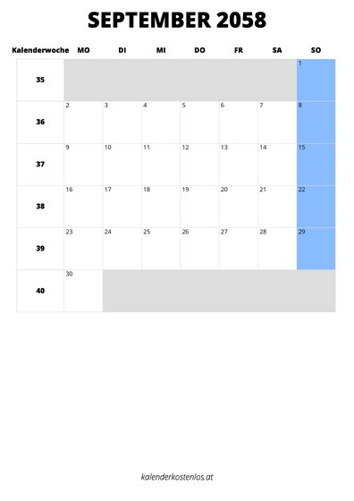 Kalender September 2058 im Hochformat