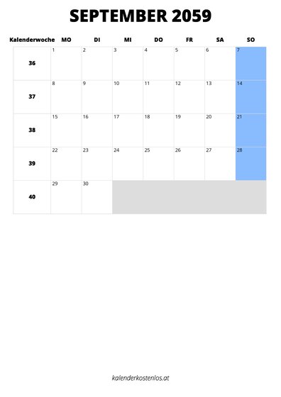 Kalender September 2059 im Hochformat
