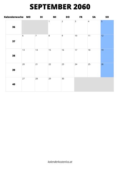 Kalender September 2060 im Hochformat