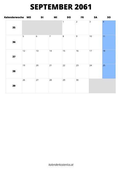 Kalender September 2061 Kalender September 2061 im Hochformat