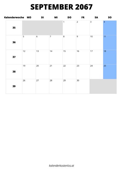 Kalender September 2067 Kalender September 2067 im Hochformat