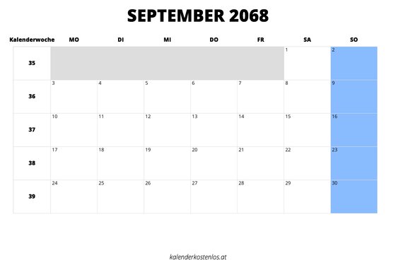 Kalender September 2068 im Querformat