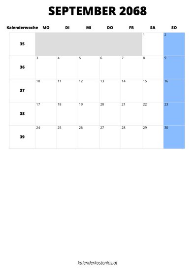 Kalender September 2068 im Hochformat