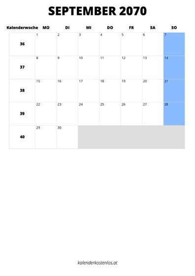 Kalender September 2070 im Hochformat