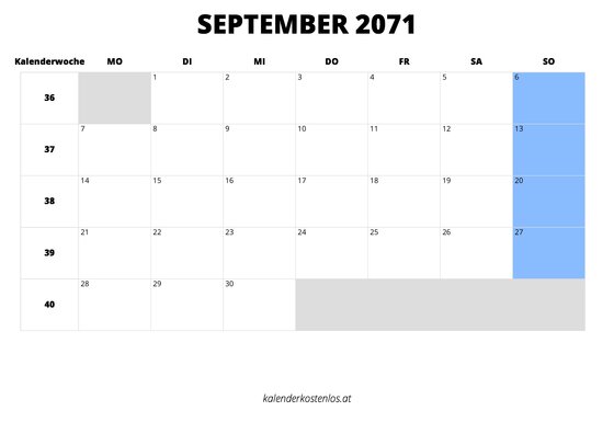 Kalender September 2071 Kalender September 2071 im Querformat