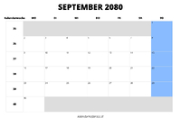 Kalender September 2080 Kalender September 2080 im Querformat