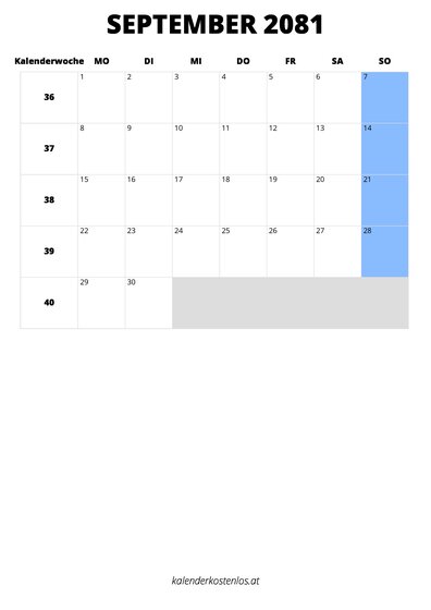 Kalender September 2081 Kalender September 2081 im Hochformat
