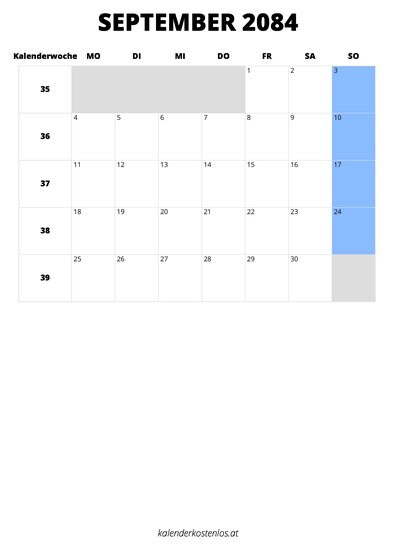 Kalender September 2084 Kalender September 2084 im Hochformat