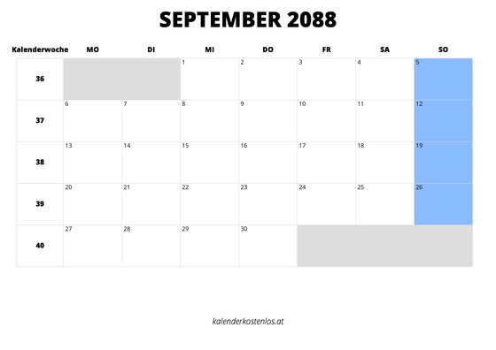 Kalender September 2088 Kalender September 2088 im Querformat
