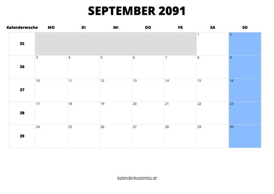 Kalender September 2091 im Querformat