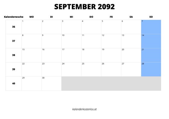 Kalender September 2092 im Querformat