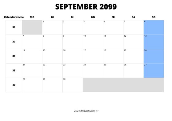 Kalender September 2099 Kalender September 2099 im Querformat