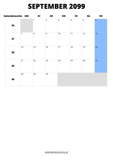 Kalender September 2099 Kalender September 2099 im Hochformat