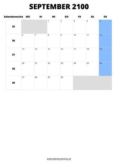 Kalender September 2100 im Hochformat